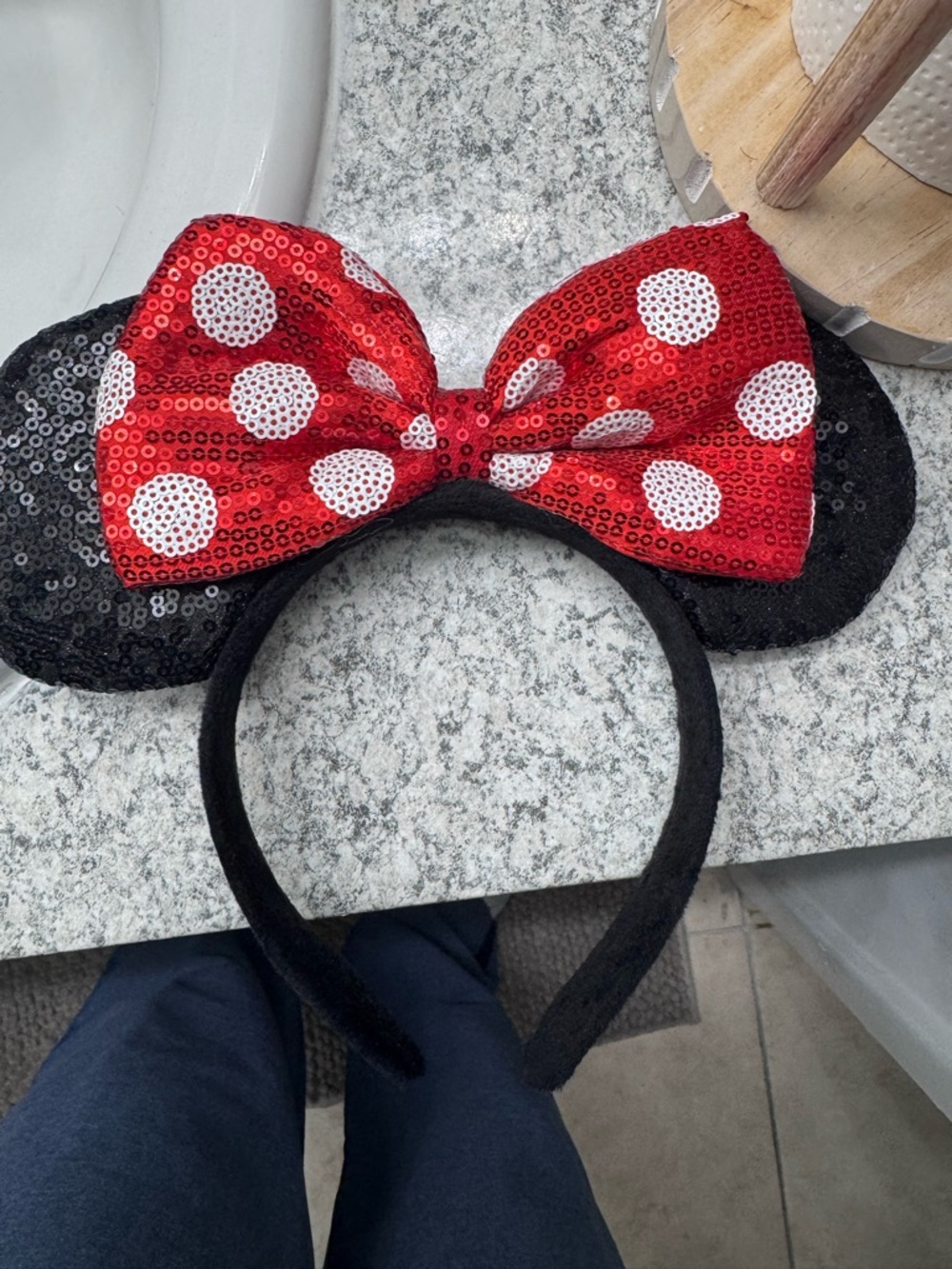 Sequin Minnie Mouse Ear Headband with Red Polka Dot Bow
